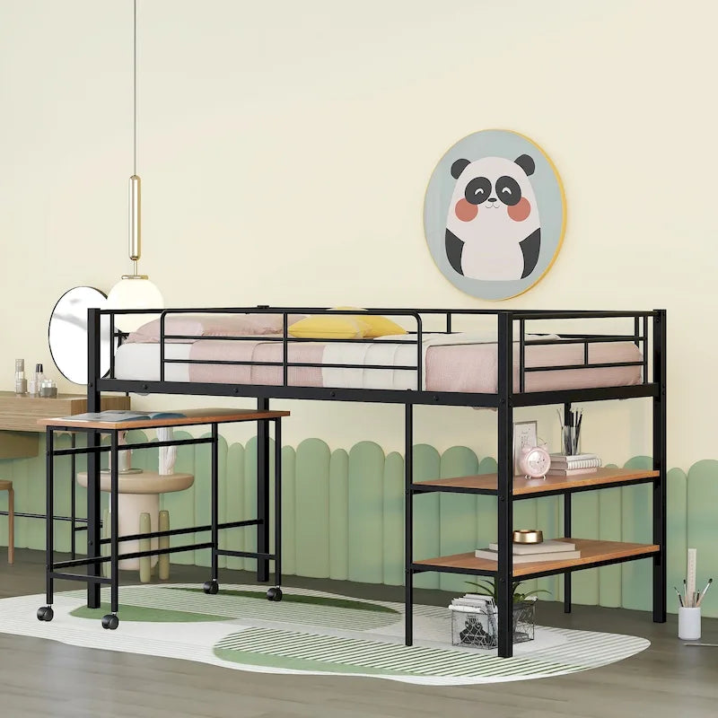 Lit mezzanine double en métal noir/blanc avec bureau et étagères, 1 personne
