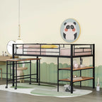 Lit mezzanine double en métal noir/blanc avec bureau et étagères, 1 personne