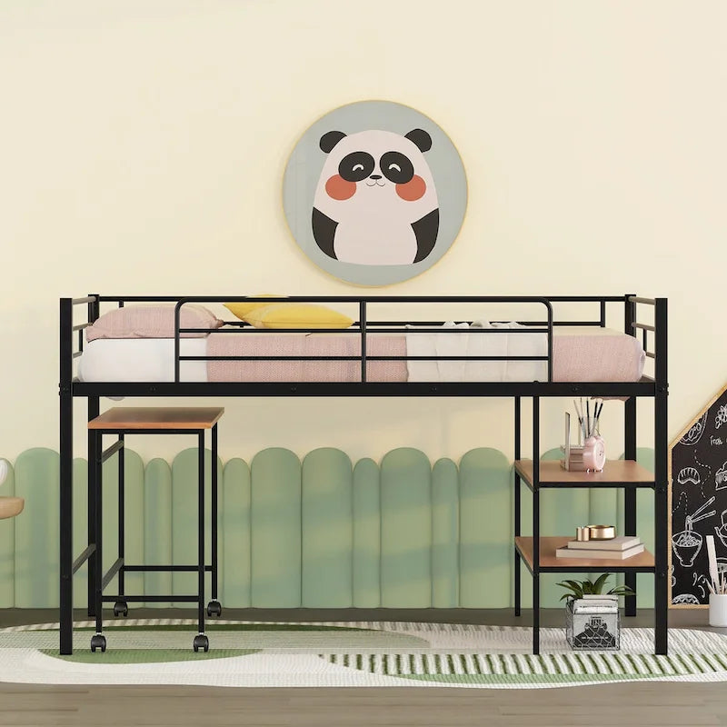 Lit mezzanine double en métal noir/blanc avec bureau et étagères, 1 personne