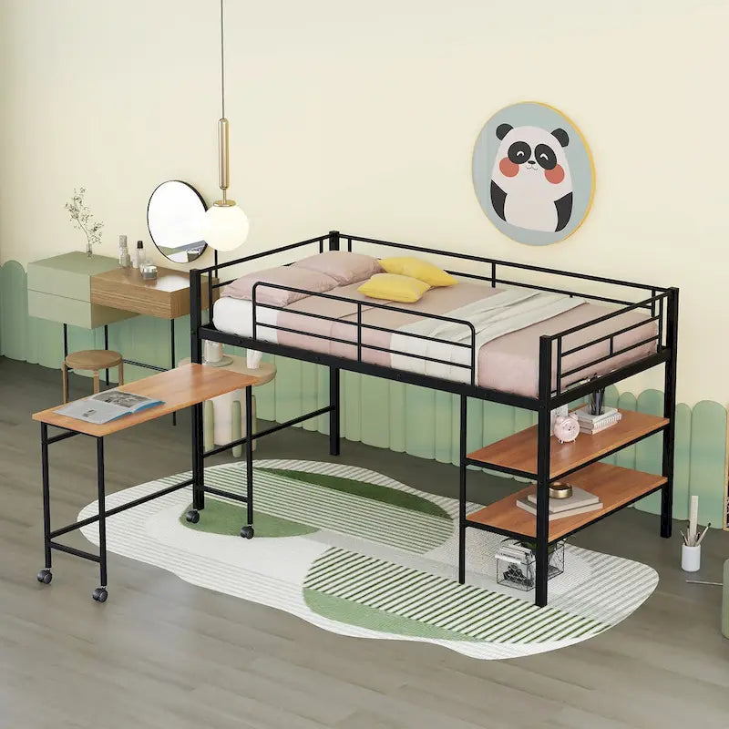 Lit mezzanine double en métal noir/blanc avec bureau et étagères, 1 personne