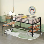 Lit mezzanine double en métal noir/blanc avec bureau et étagères, 1 personne