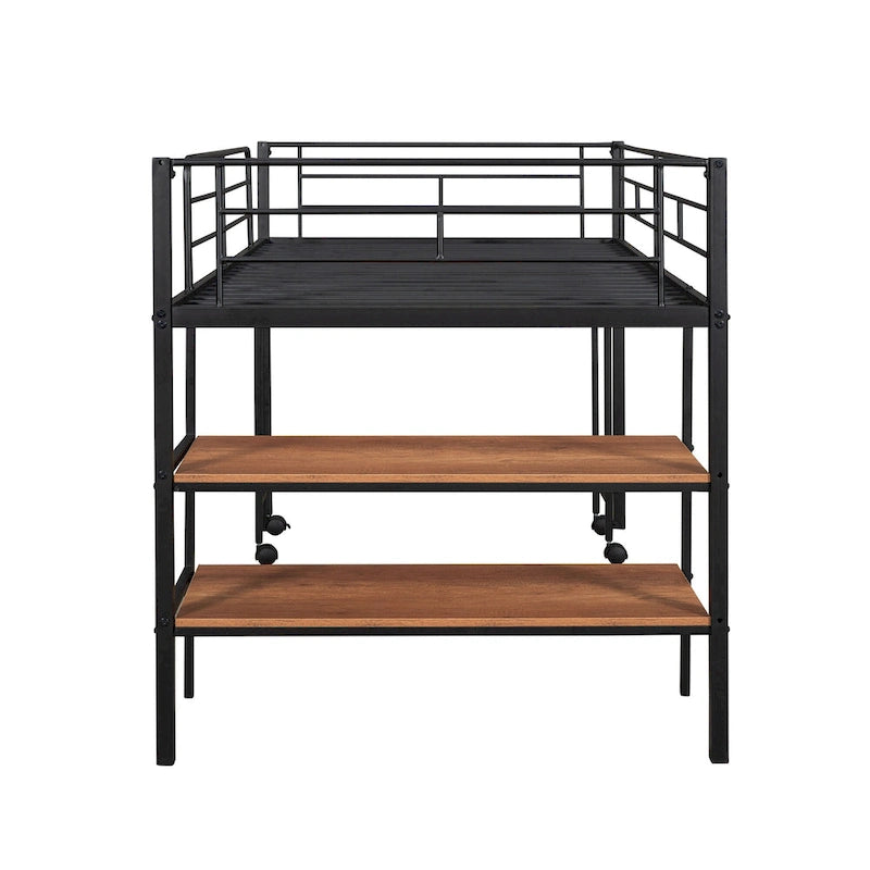 Lit mezzanine double en métal noir/blanc avec bureau et étagères, 1 personne