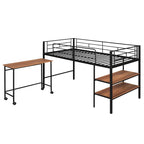 Lit mezzanine double en métal noir/blanc avec bureau et étagères, 1 personne