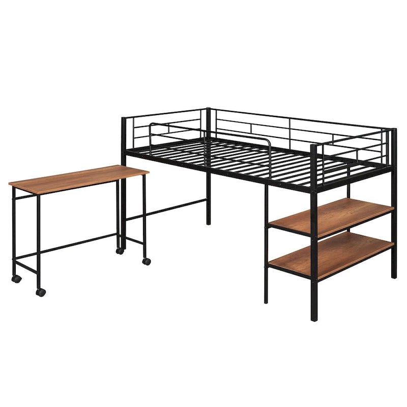 Lit mezzanine double en métal noir/blanc avec bureau et étagères, 1 personne