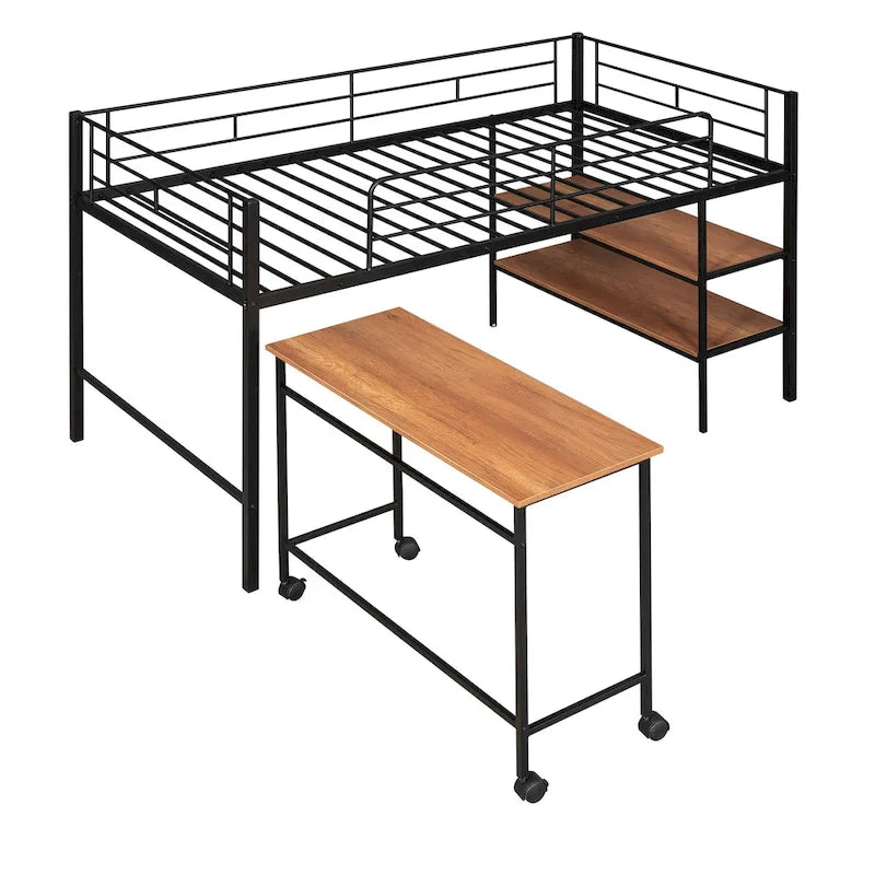 Lit mezzanine double en métal noir/blanc avec bureau et étagères, 1 personne