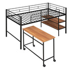 Lit mezzanine double en métal noir/blanc avec bureau et étagères, 1 personne