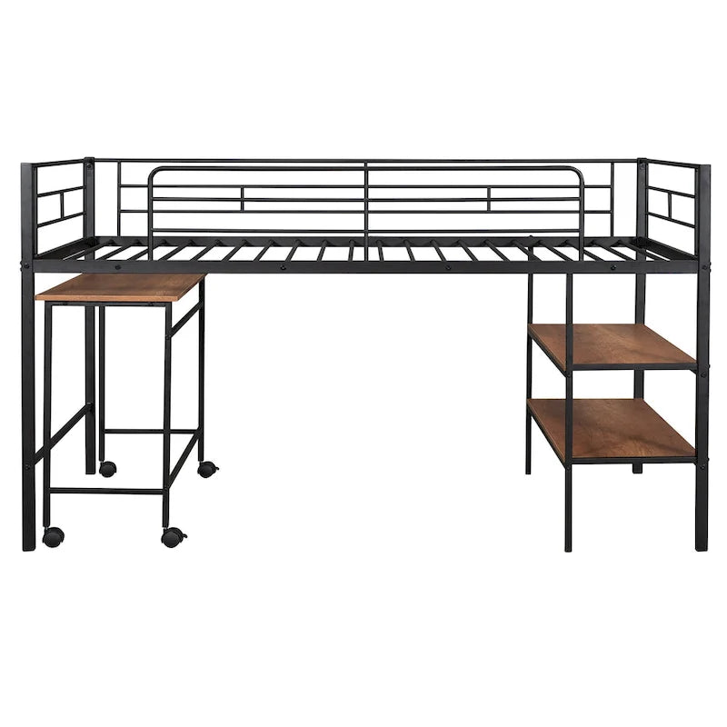 Lit mezzanine double en métal noir/blanc avec bureau et étagères, 1 personne