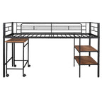 Lit mezzanine double en métal noir/blanc avec bureau et étagères, 1 personne