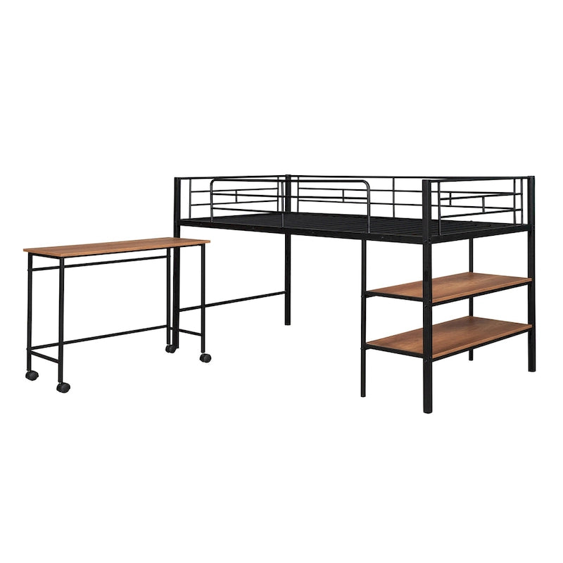 Lit mezzanine double en métal noir/blanc avec bureau et étagères, 1 personne