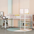 Lit mezzanine double en métal noir/blanc avec bureau et étagères, 1 personne
