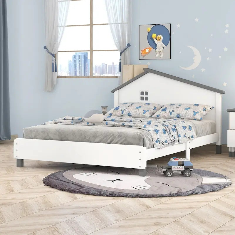 Lit plateforme en bois pleine grandeur avec tête de lit en forme de maison de couleur crème/blanc pour 1 personne