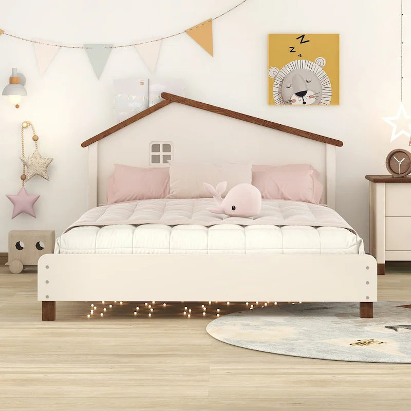 Lit plateforme en bois pleine grandeur avec tête de lit en forme de maison de couleur crème/blanc pour 1 personne