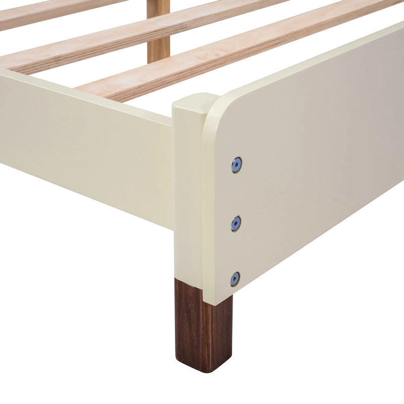 Lit plateforme en bois pleine grandeur avec tête de lit en forme de maison de couleur crème/blanc pour 1 personne