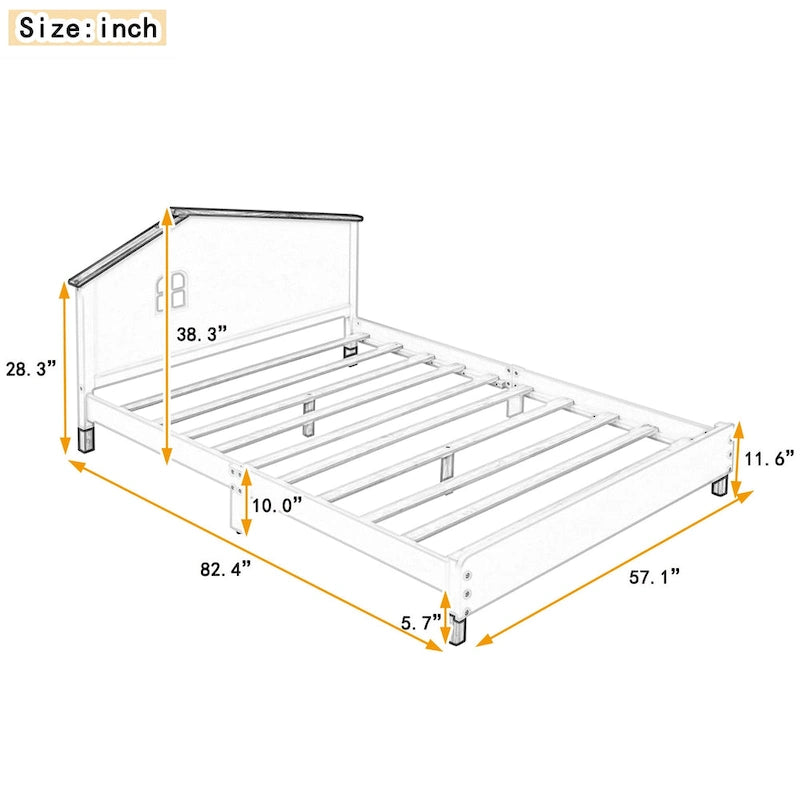 Lit plateforme en bois pleine grandeur avec tête de lit en forme de maison de couleur crème/blanc pour 1 personne