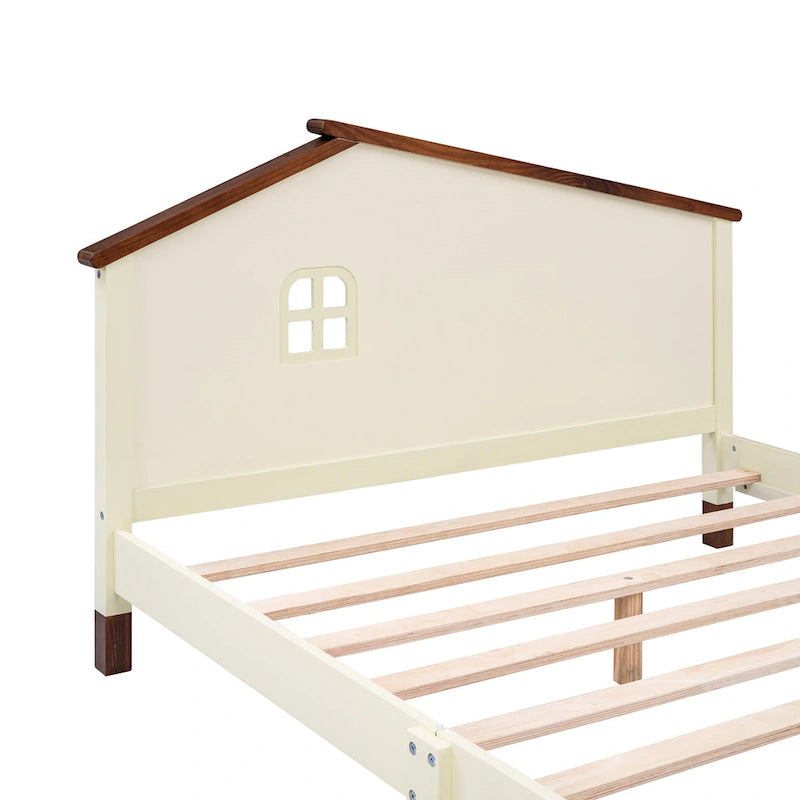 Lit plateforme en bois pleine grandeur avec tête de lit en forme de maison de couleur crème/blanc pour 1 personne