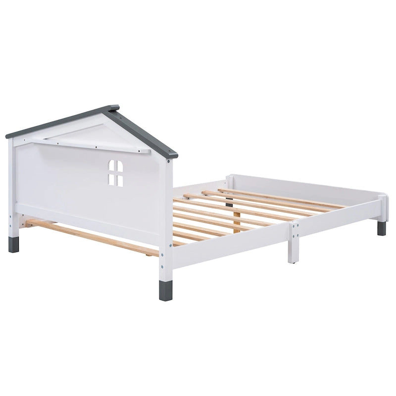 Lit plateforme en bois pleine grandeur avec tête de lit en forme de maison de couleur crème/blanc pour 1 personne