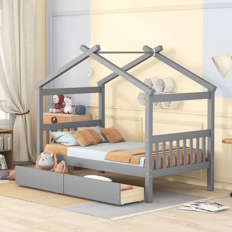 Twin Size Wooden House-shaped Bed with Drawers