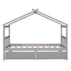 Lit jumeau en forme de maison gris/chocolat avec tiroirs, 1 enfant