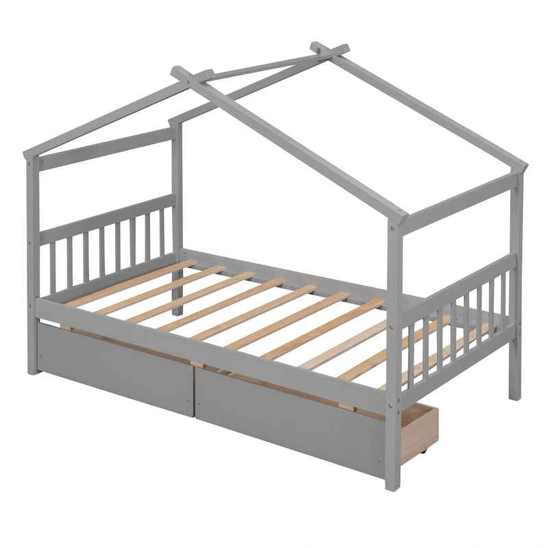 Lit jumeau en forme de maison gris/chocolat avec tiroirs, 1 enfant