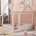Cadre de lit maison pleine grandeur avec toit et clôture, 1 personne, blanc/marron