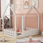 Cadre de lit maison pleine grandeur avec toit et clôture, 1 personne, blanc/marron