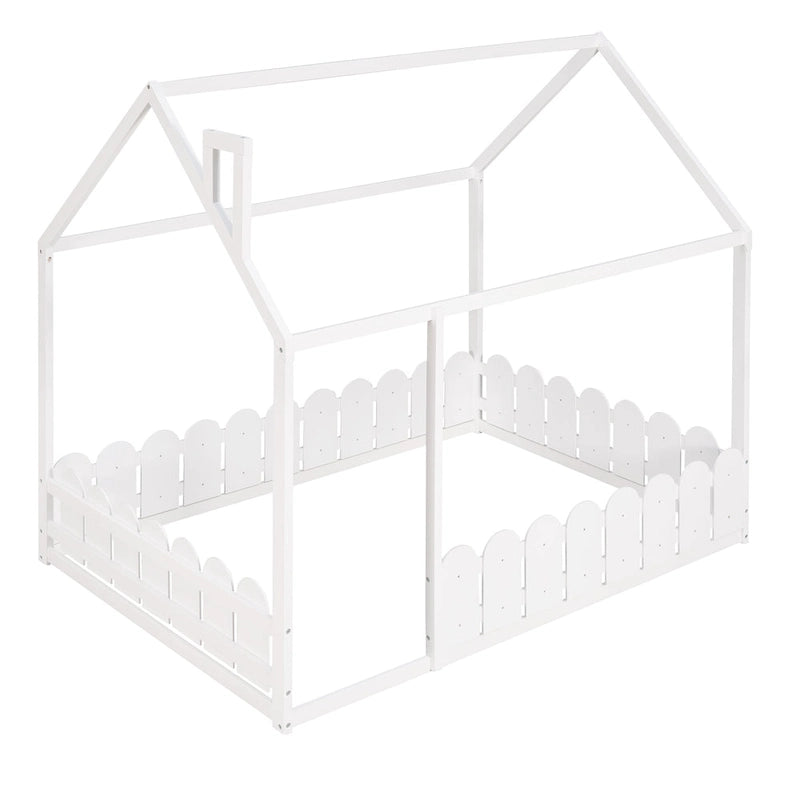 Cadre de lit maison pleine grandeur avec toit et clôture, 1 personne, blanc/marron