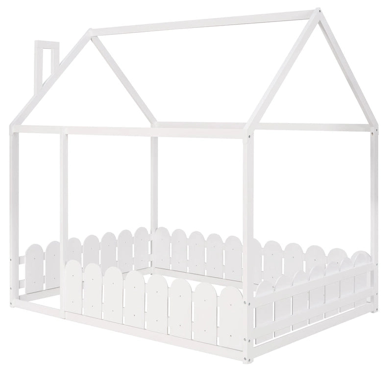 Cadre de lit maison pleine grandeur avec toit et clôture, 1 personne, blanc/marron