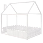 Cadre de lit maison pleine grandeur avec toit et clôture, 1 personne, blanc/marron
