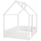 Cadre de lit maison pleine grandeur avec toit et clôture, 1 personne, blanc/marron
