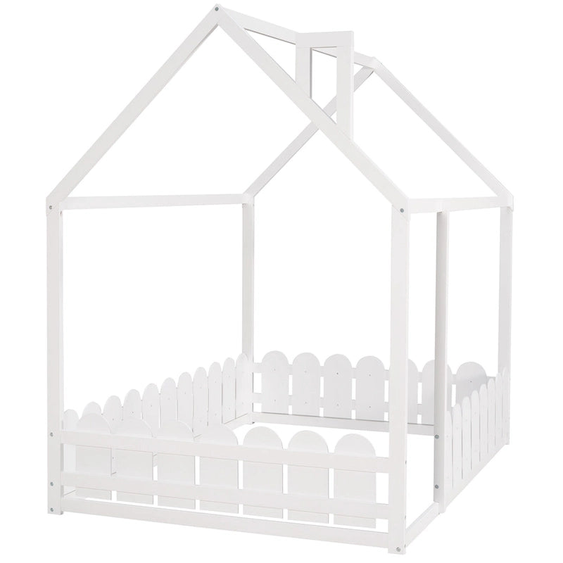 Cadre de lit maison pleine grandeur avec toit et clôture, 1 personne, blanc/marron