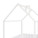 Cadre de lit maison pleine grandeur avec toit et clôture, 1 personne, blanc/marron