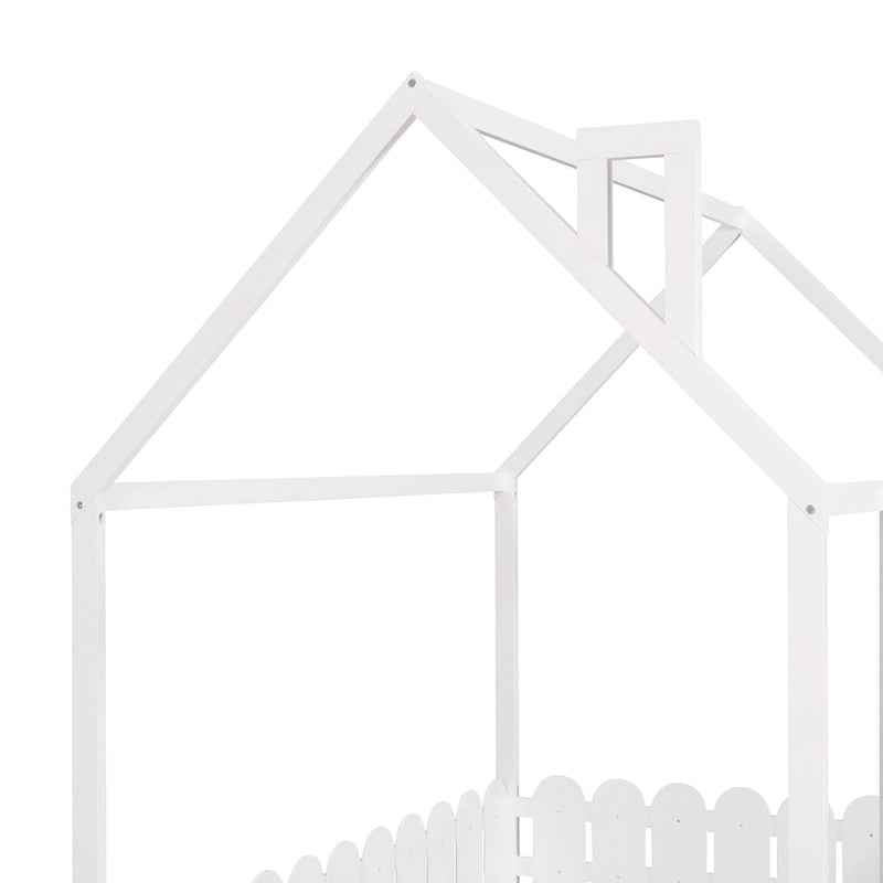 Cadre de lit maison pleine grandeur avec toit et clôture, 1 personne, blanc/marron