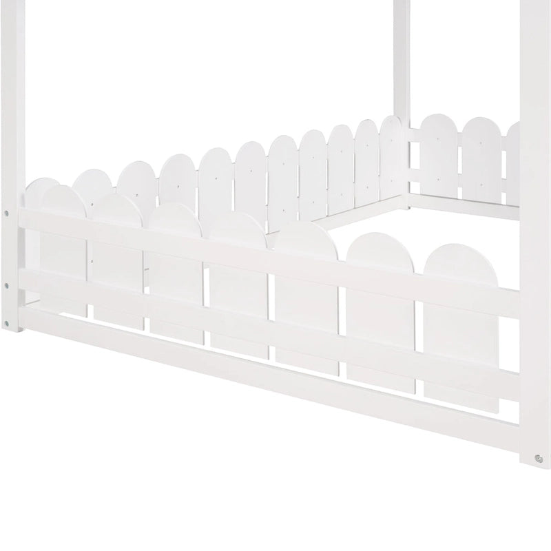 Cadre de lit maison pleine grandeur avec toit et clôture, 1 personne, blanc/marron