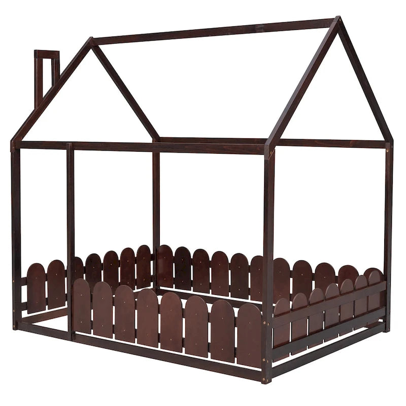 Cadre de lit maison pleine grandeur avec toit et clôture, 1 personne, blanc/marron