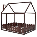Cadre de lit maison pleine grandeur avec toit et clôture, 1 personne, blanc/marron