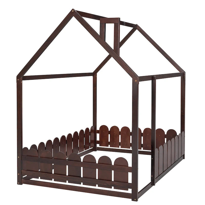 Cadre de lit maison pleine grandeur avec toit et clôture, 1 personne, blanc/marron