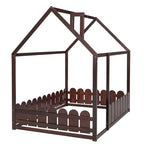 Cadre de lit maison pleine grandeur avec toit et clôture, 1 personne, blanc/marron