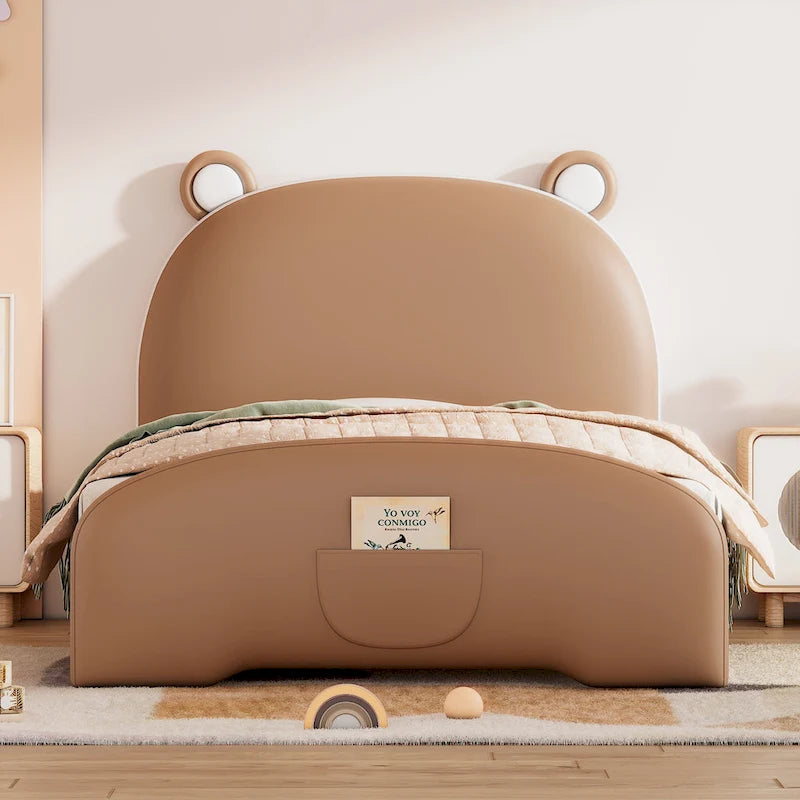 Twin Size Upholstered Platform Bed with Bear-Shaped Headboard and Footboard