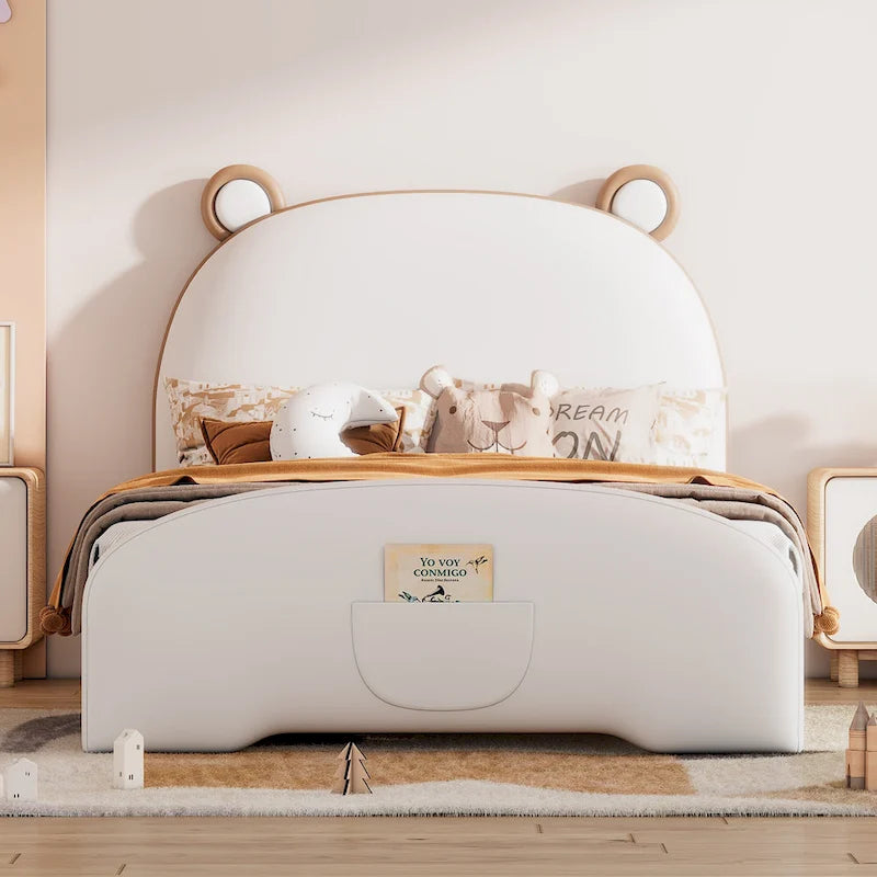 Lit jumeau capitonné en forme d'ours blanc/marron, pour 1 personne