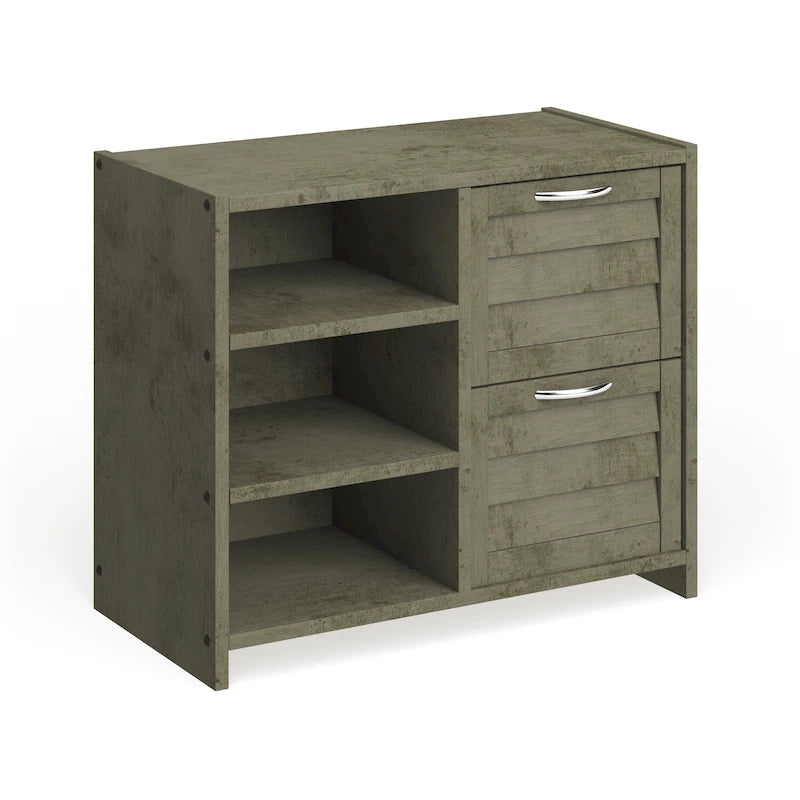 Commode 2 tiroirs grise antique avec étagères, chambre d'enfant, lit simple