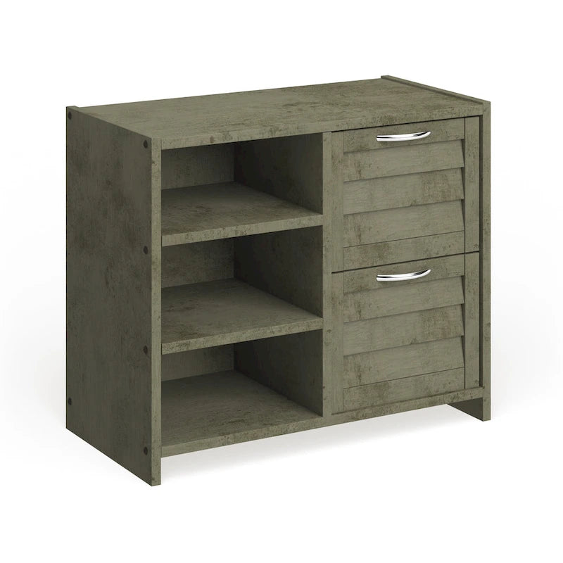 Commode 2 tiroirs grise antique avec étagères, chambre d'enfant, lit simple