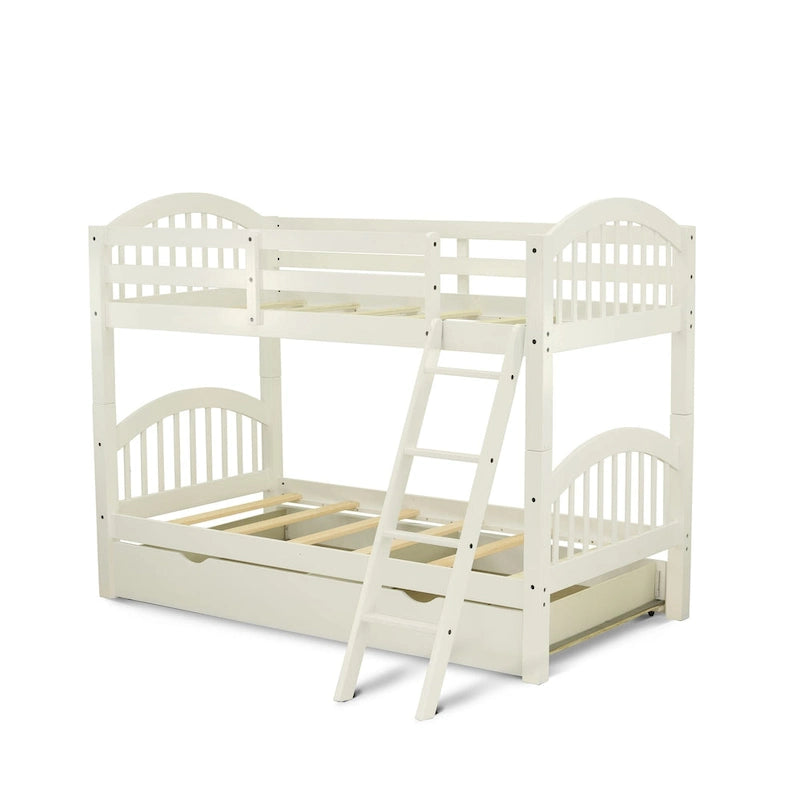 Lit superposé jumeau sur jumeau blanc cassé, 2 couchages – avec options de rangement