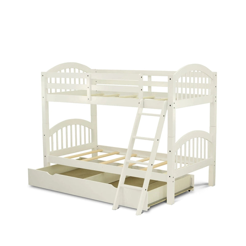 Lit superposé jumeau sur jumeau blanc cassé, 2 couchages – avec options de rangement