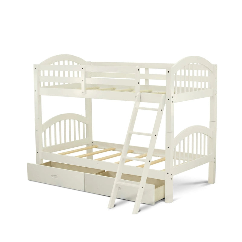 Lit superposé jumeau sur jumeau blanc cassé, 2 couchages – avec options de rangement