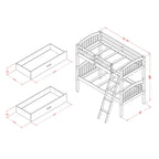 Lit superposé jumeau sur jumeau blanc cassé, 2 couchages – avec options de rangement