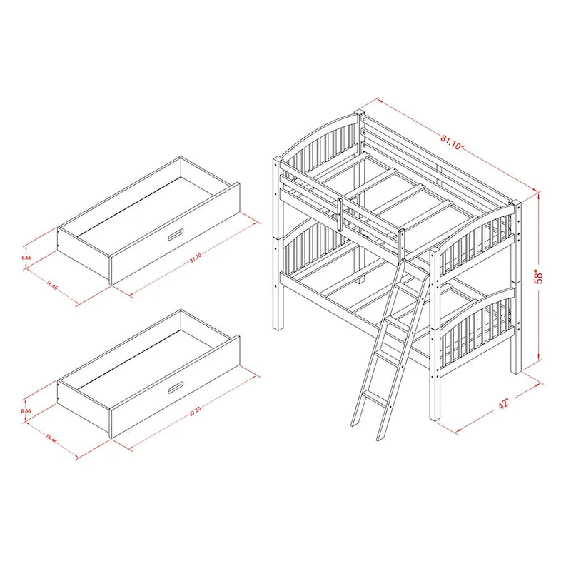 Lit superposé jumeau sur jumeau blanc cassé, 2 couchages – avec options de rangement