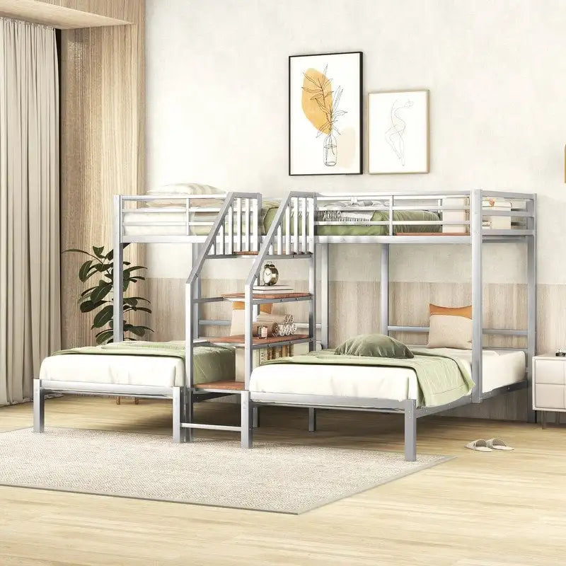 Metal Twin over Twin & Twin Bunk Bed, Triple Bunk Bed with Storage Shelves Staircase
