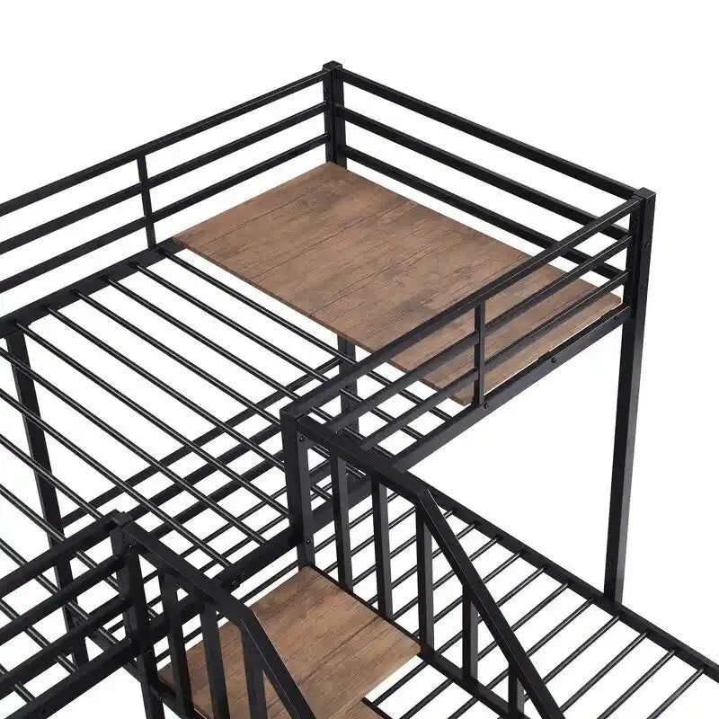Lit superposé triple en métal argenté/noir avec escalier et rangement, 3 couchages, jumeaux