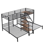 Lit superposé triple en métal argenté/noir avec escalier et rangement, 3 couchages, jumeaux