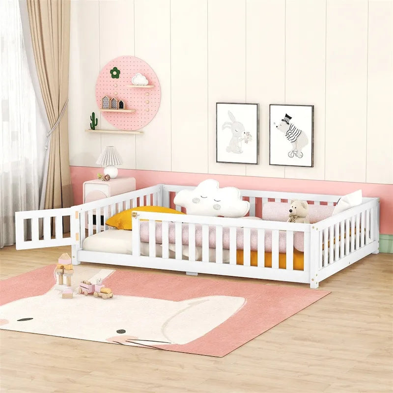 Full Size Bed Floor Bed with Safety Guardrails and Door for Kids